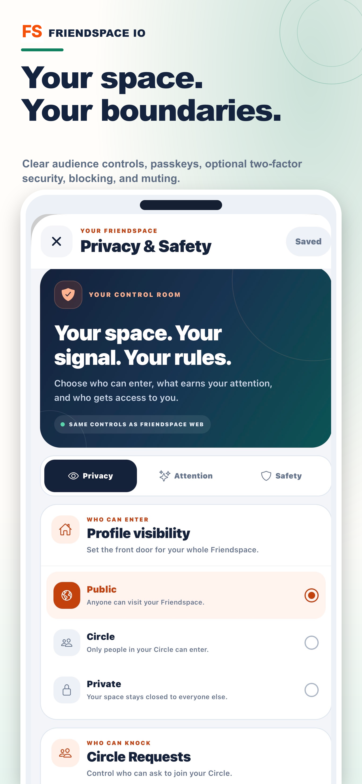 Friendspace Privacy and Safety screen showing profile visibility choices